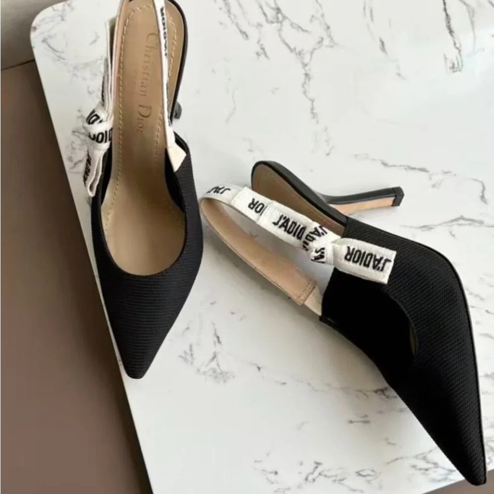 Dior Black Pointed Slingback Heels with White Logo Strap. - Picture 4 of 9